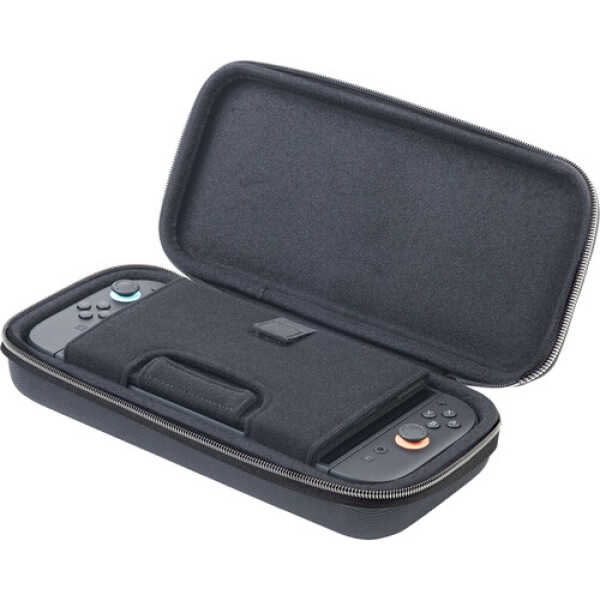 Portable gaming console case with storage for controllers and accessories.