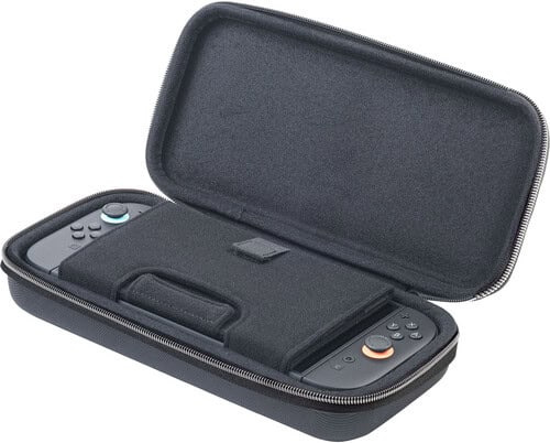 Portable gaming console case with storage for controllers and accessories.