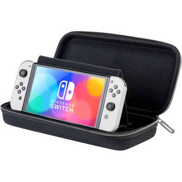 Portable Nintendo Switch case with built-in stand for gaming on the go.