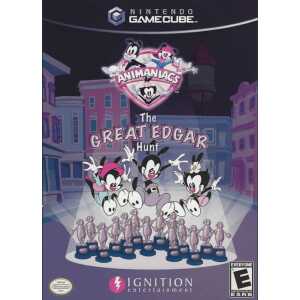 Cover art for Animaniacs: The Great Edgar Hunt on Nintendo GameCube featuring the Warner siblings.