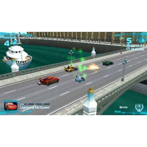Cars racing on a bridge in a colorful animated game scene.