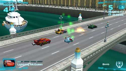 Cars racing on a bridge in a colorful animated game scene.