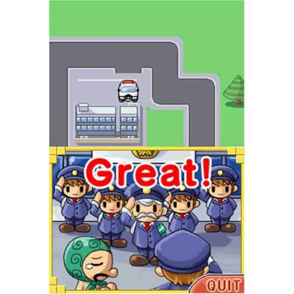 Cartoon police officers and a child in a game room with a 'Great!' message.