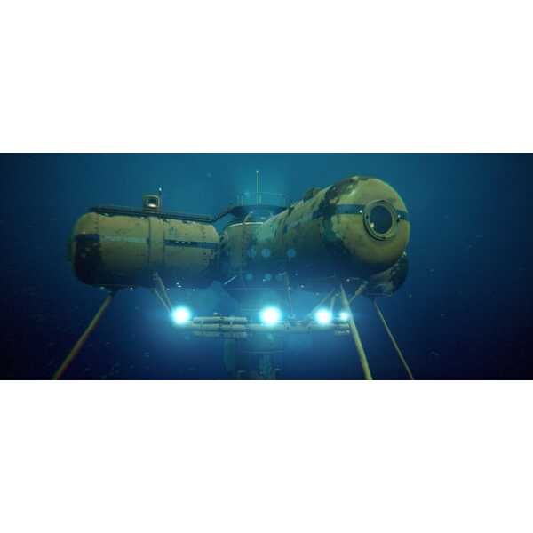 Deep-sea exploration submarine with lights in the ocean.