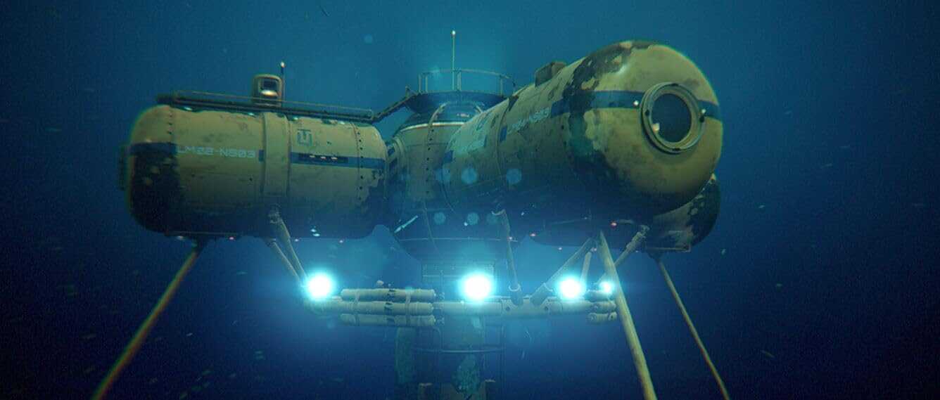 Deep-sea exploration submarine with lights in the ocean.