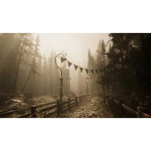 A mysterious foggy forest scene with vintage street lamps and bunting flags.