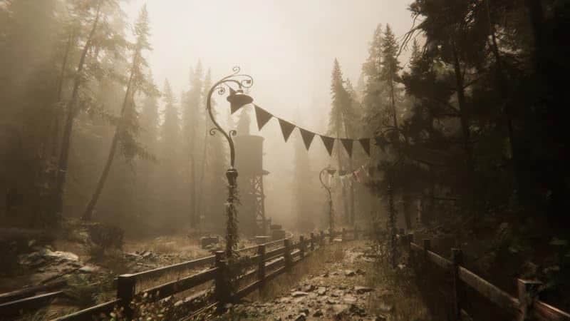 A mysterious foggy forest scene with vintage street lamps and bunting flags.