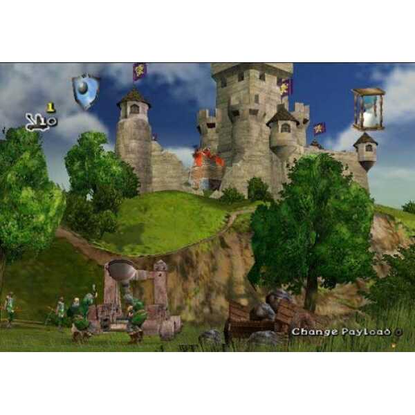 Medieval castle with towers and flags in a lush landscape from Robin Hood Defender of the Crown.