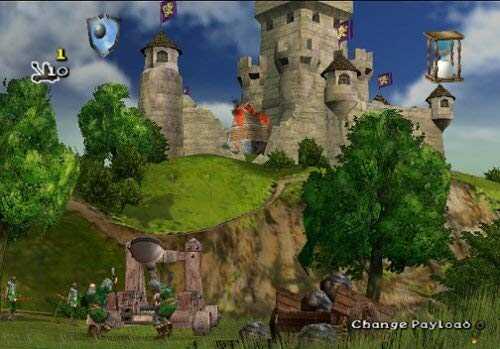 Medieval castle with towers and flags in a lush landscape from Robin Hood Defender of the Crown.