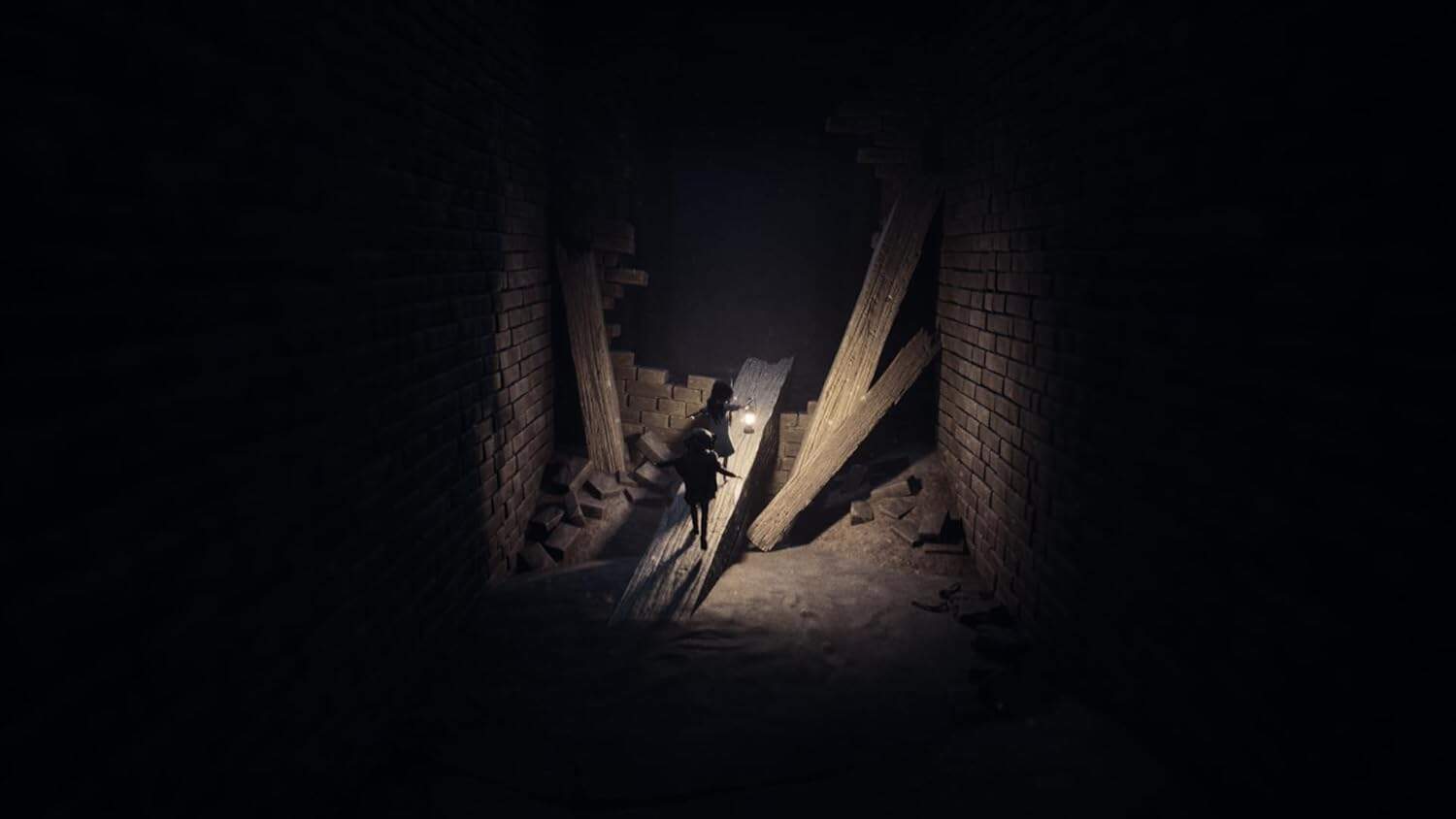 Dark alley with debris and a lone figure in shadow, evoking mystery and adventure.
