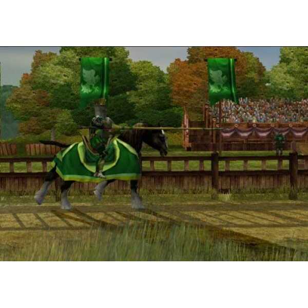 Knight in green armor riding a horse during a medieval tournament.