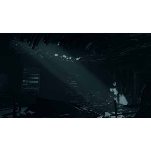 Dark, abandoned gaming warehouse with broken equipment and shadows.