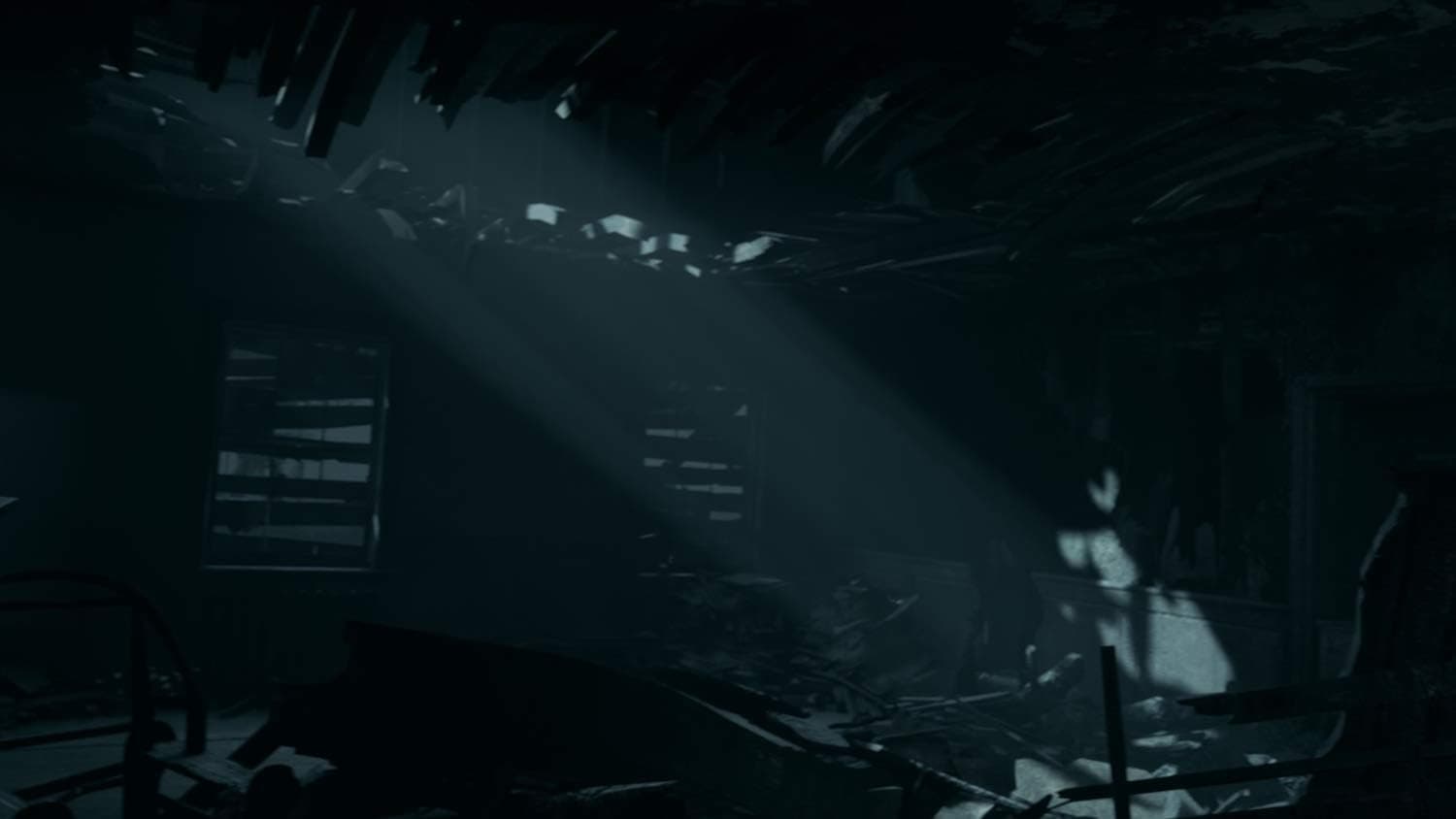 Dark, abandoned gaming warehouse with broken equipment and shadows.