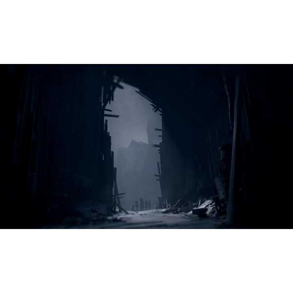 Post-apocalyptic ruins with dark, destroyed structures and a gloomy atmosphere.