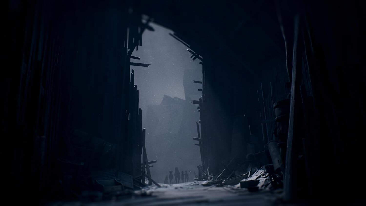 Post-apocalyptic ruins with dark, destroyed structures and a gloomy atmosphere.