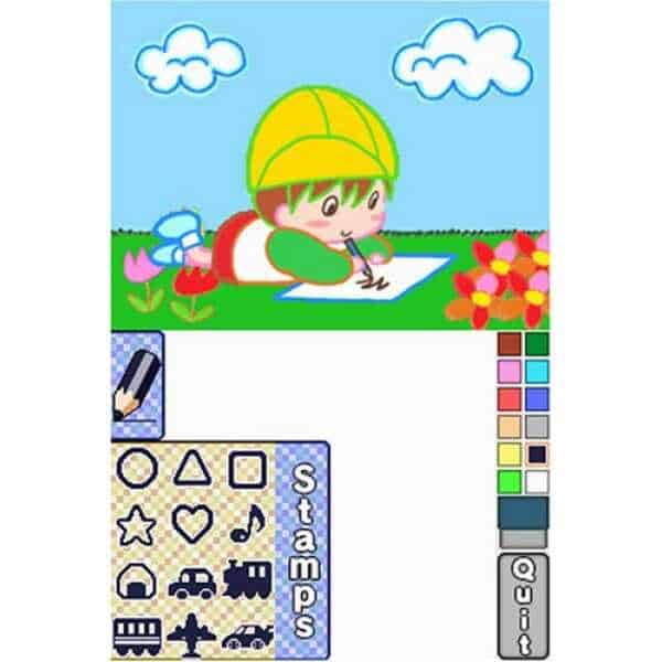 Child drawing outdoors with colorful crayons and stamps in a playful setting.