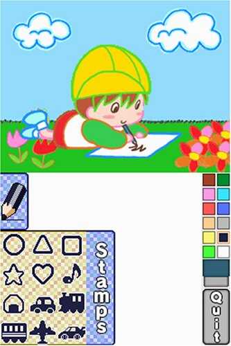 Child drawing outdoors with colorful crayons and stamps in a playful setting.