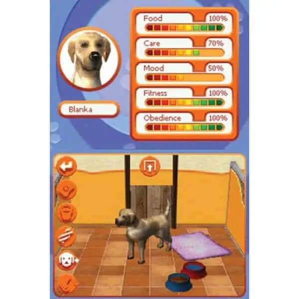 Virtual puppy training game interface with health and mood stats.