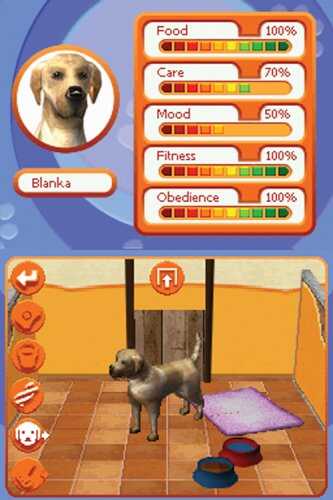 Virtual puppy training game interface with health and mood stats.