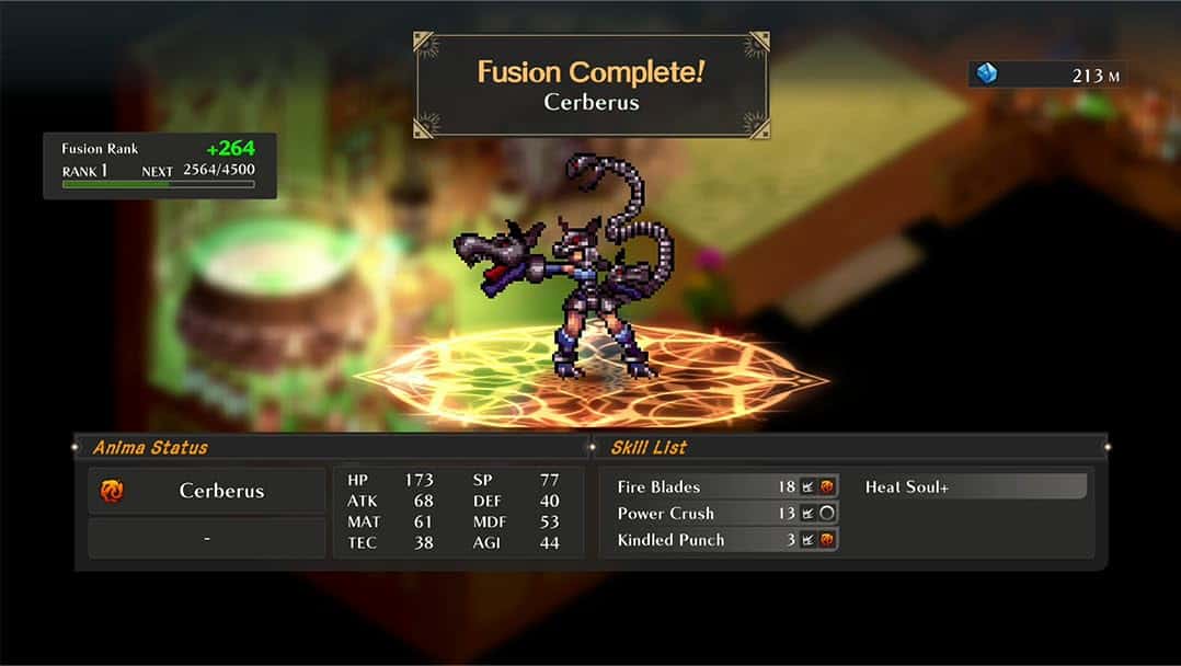 WiZmans World Re;Try game screenshot showcasing a Cerberus character with fusion complete.