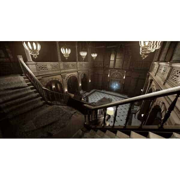 Haunted mansion staircase with eerie lighting for Do Not Open & OVRDARK game.