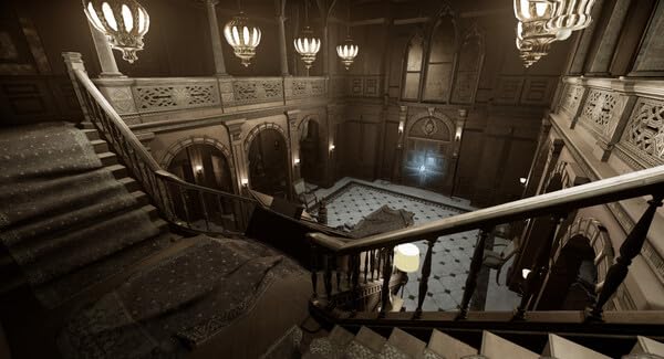 Haunted mansion staircase with eerie lighting for Do Not Open & OVRDARK game.