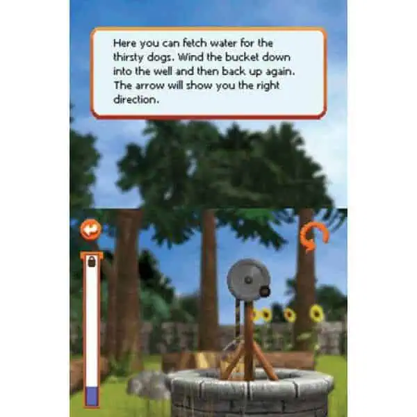 Water fetching game for thirsty dogs with a bucket and arrow guidance.