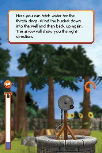 Water fetching game for thirsty dogs with a bucket and arrow guidance.