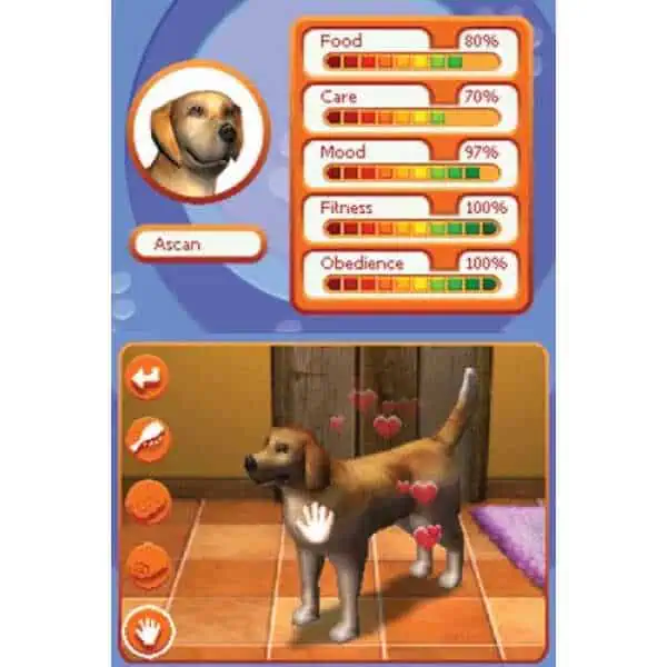 Virtual puppy training game with health and mood stats for a dog named Ascan.