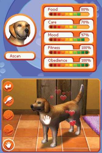 Virtual puppy training game with health and mood stats for a dog named Ascan.