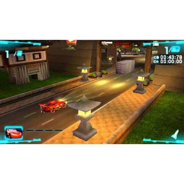 Red race car speeding on a wooden bridge in a game scene from Cars 2.