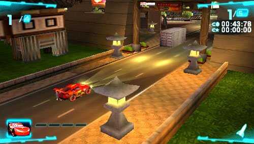 Red race car speeding on a wooden bridge in a game scene from Cars 2.