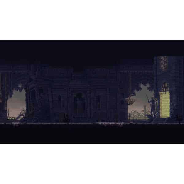 A dark, pixel art-style scene of a ruined castle with a mysterious figure and a glowing green portal.