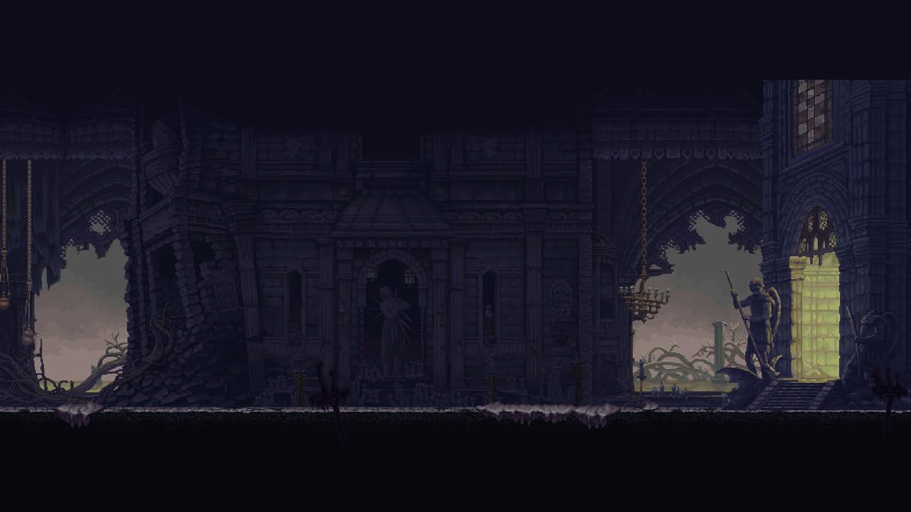 A dark, pixel art-style scene of a ruined castle with a mysterious figure and a glowing green portal.