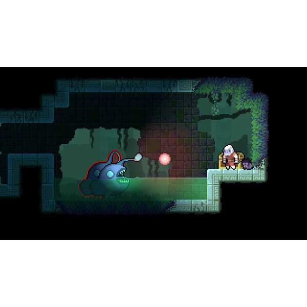 Pixel art scene from Dunjungle game showing a creature and explorer in jungle setting.