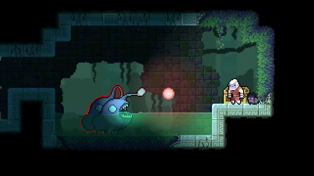 Pixel art scene from Dunjungle game showing a creature and explorer in jungle setting.