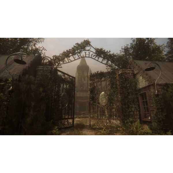 A lush, overgrown garden gate leading to a historic tower, evoking a mysterious and enchanting atmos.