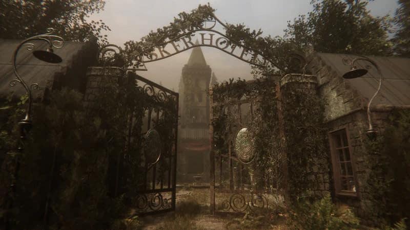A lush, overgrown garden gate leading to a historic tower, evoking a mysterious and enchanting atmos.