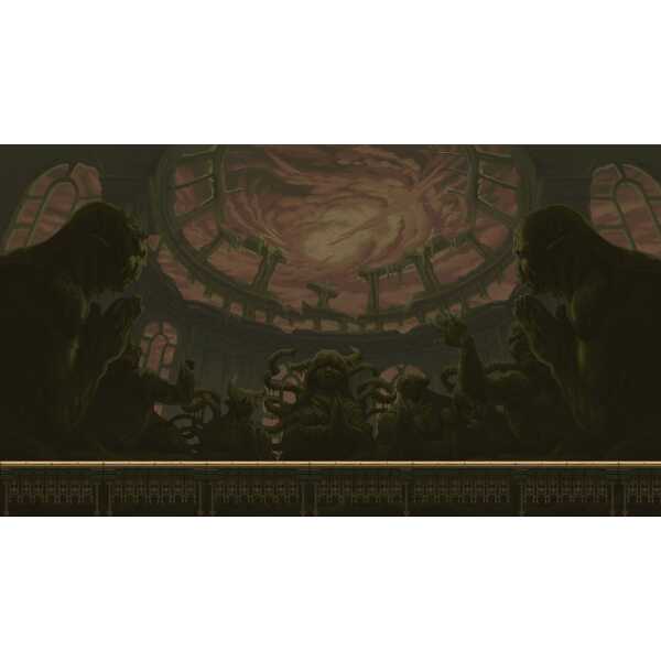 A dark, atmospheric scene from a fantasy or horror game featuring twisted statues and a mysterious,.