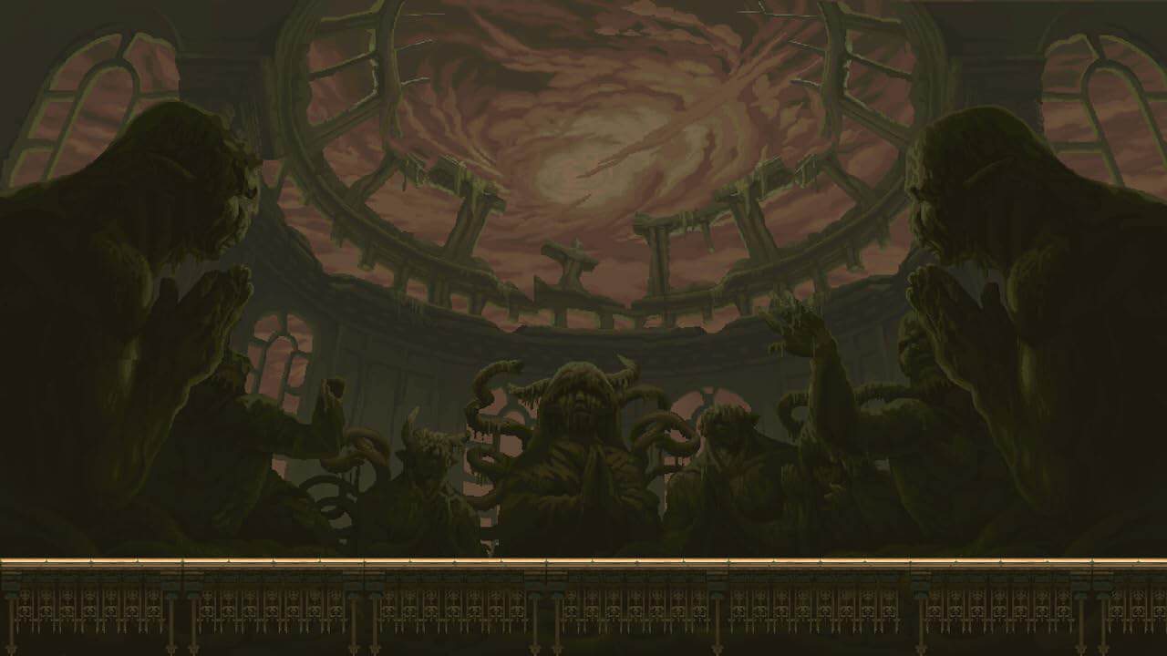 A dark, atmospheric scene from a fantasy or horror game featuring twisted statues and a mysterious,.