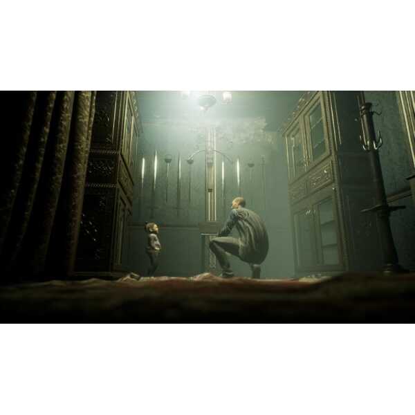 An eerie scene from Gameware's Do Not Open & OVRDARK, featuring a man and child in a dark, suspensef.