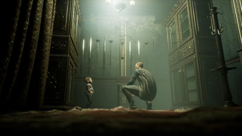 An eerie scene from Gameware's Do Not Open & OVRDARK, featuring a man and child in a dark, suspensef.