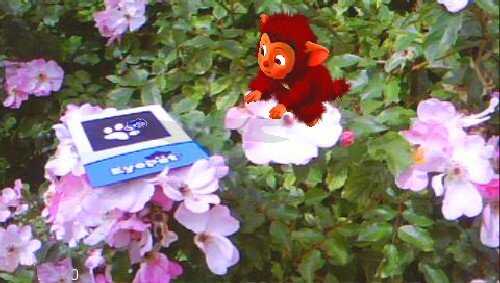 EyePet toy among pink flowers, promoting interactive gaming experience.