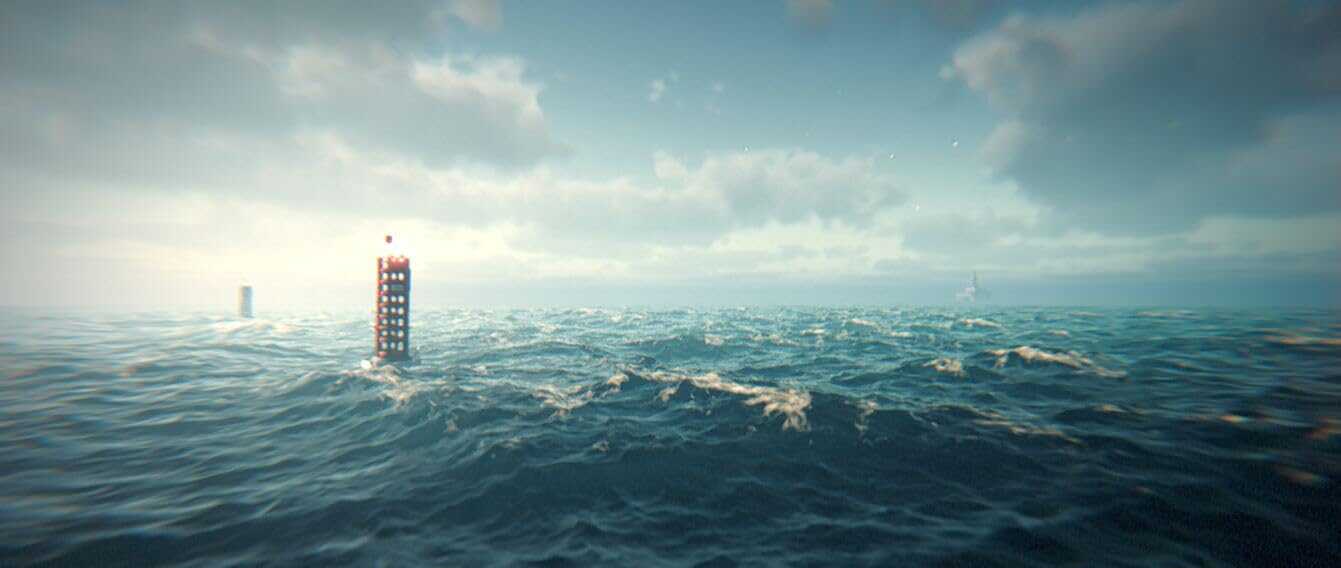 A lighthouse standing in rough ocean waters under a cloudy sky.