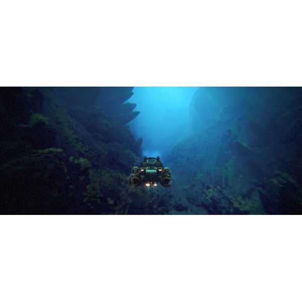 Underwater exploration scene with a submarine in deep blue waters.