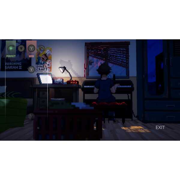 Pixel art of a person playing piano in a dimly lit room at night, with gaming icons on the wall.