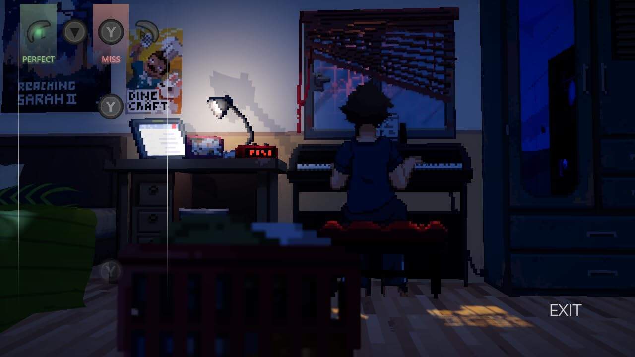 Pixel art of a person playing piano in a dimly lit room at night, with gaming icons on the wall.