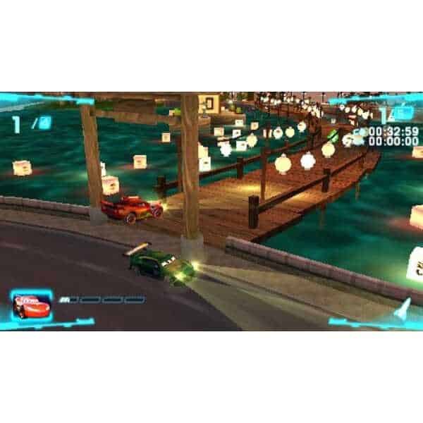 Cars 2 video game scene with racing cars on a bridge at night.