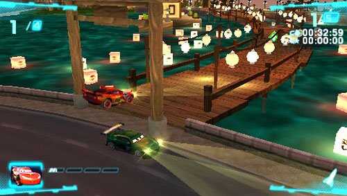 Cars 2 video game scene with racing cars on a bridge at night.