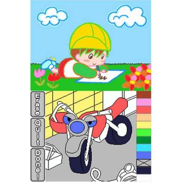 Colorful children's drawing of a boy drawing and a toy motorcycle.